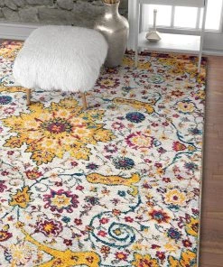 WW Yellow Blue Purple Vintage Floral Medallion Area Rugs