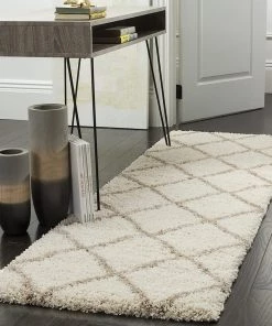 FAS Diamond Trellis Ivory/Beige Soft Plush Shag Area Rug 2-inch Thick All Area Rugs And Runners