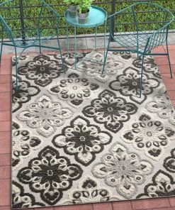 WRG Floral Panel Gray White High Traffic Stain Resistant Indoor Outdoor Area Rug