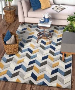 Ww Mustard Yellow Blue Gray High Traffic Stain Resistant Chevron Indoor Outdoor Area Rug