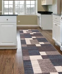 WRG Box Pattern Blue Gray Area Rug Non-Slip Non Skid