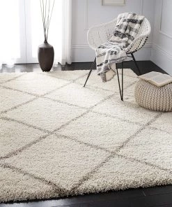 FAS Diamond Trellis Ivory/Beige Soft Plush Shag Area Rug 2-inch Thick All Area Rugs And Runners