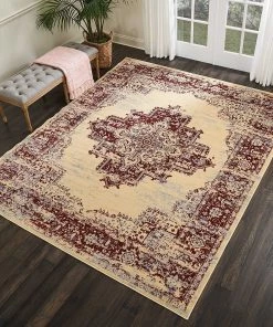 NOUR All Area Rugs And Runners Cream Red Distressed Persian Area Rugs