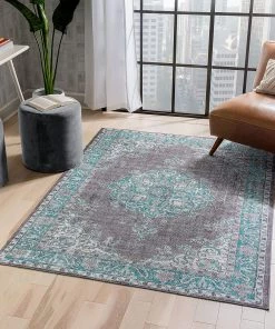 Unique Loom Areva Machine Washable Teal Blue Vintage Oriental Medallion Flat Pile Vintage/ Distressed Rugs