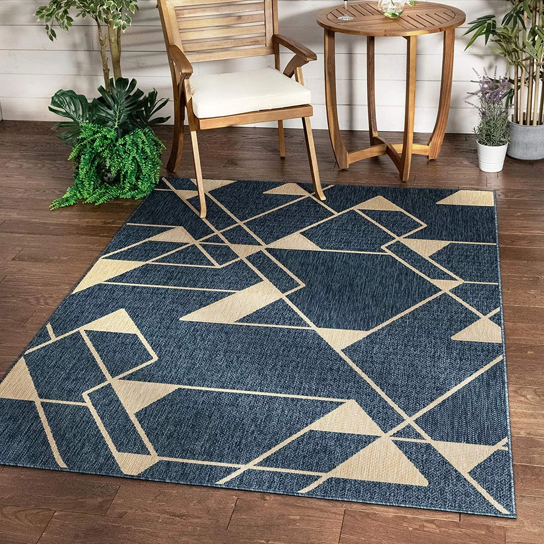 Well Woven Prosa Blue & Beige Indoor/Outdoor Flat Weave Pile Geometric Triangles Pattern Area Rug 1 Well Woven Prosa Blue & Beige Indoor/Outdoor Flat Weave Pile Geometric Triangles Pattern Area Rug