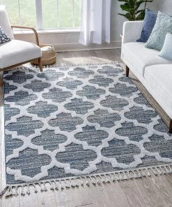 Well Woven Vera Navy Blue Grey | Moroccan Lattice High-Lo Textured | Area Rug