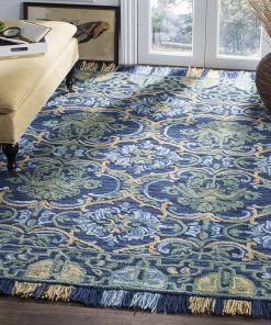 Modern Rugs And Decor Handmade Fringe Premium Wool Area Rug, Navy / Green All Area Rugs And Runners