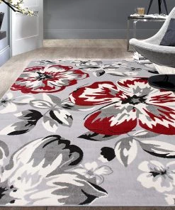 WRG All Area Rugs And Runners Gray/Grey Red White Floral Area Rugs