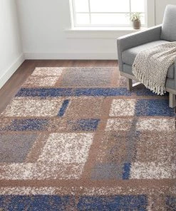 WW Geometric Pattern Blue Taupe Cozy Shag Area Rugs