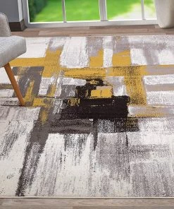 WRG Abstract Gold Gray Ivory Area Rug