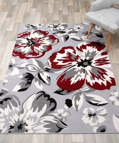 WRG All Area Rugs And Runners Gray/Grey Red White Floral Area Rugs