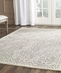 FAS Handcrafted Geometric Silver Ivory Premium Wool Soft Area Rug