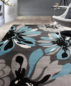 WRG All Area Rugs And Runners Floral Gray Black Blue Area Rug