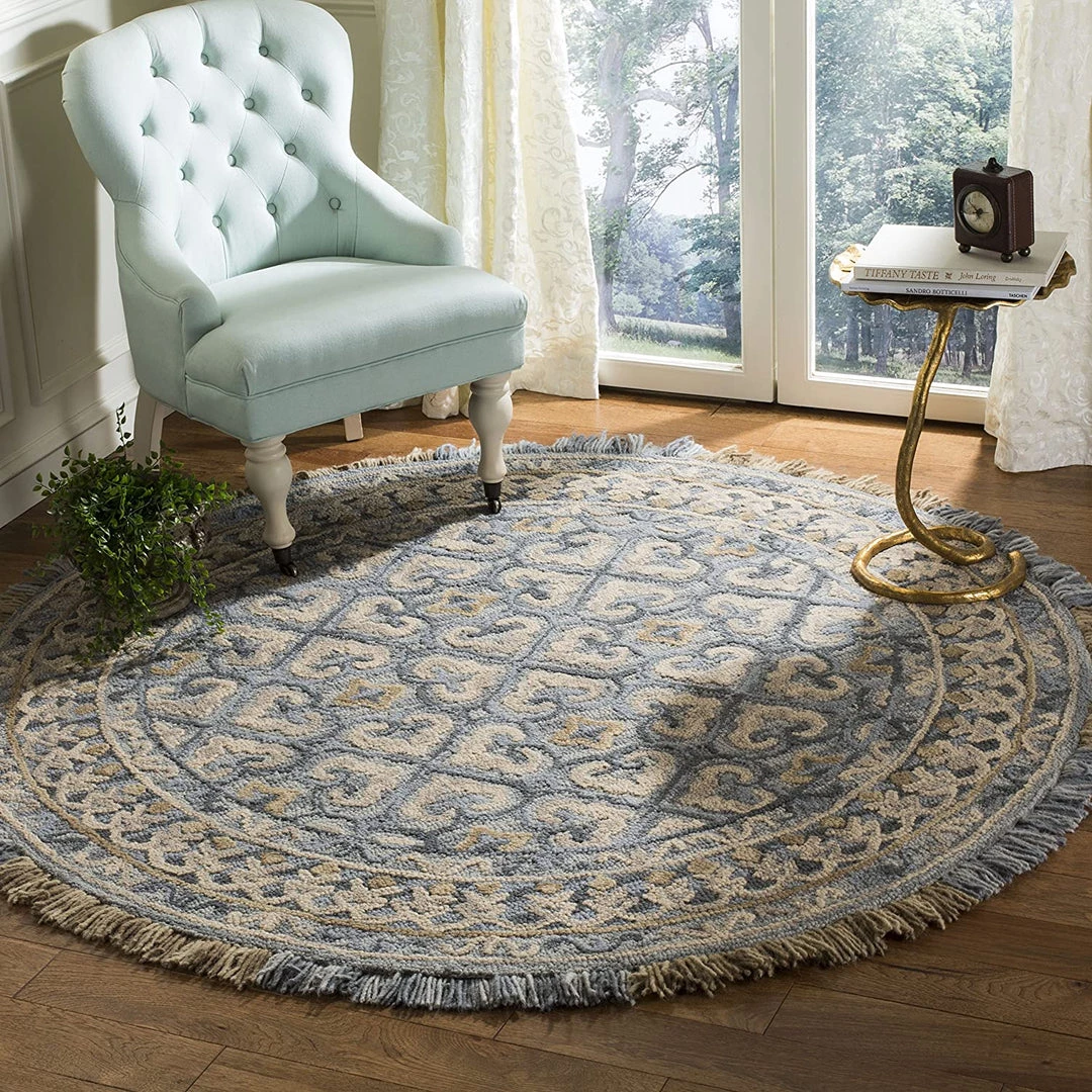 Safavieh All Area Rugs And Runners Blossom Collection BLM420A Handmade Fringe Premium Wool Area Rug, Light Beige / Blue 5 Safavieh All Area Rugs And Runners Blossom Collection BLM420A Handmade Fringe Premium Wool Area Rug, Light Beige / Blue