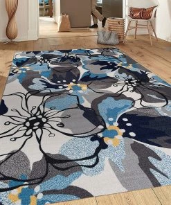 WRG All Area Rugs And Runners Blue Gray Ivory Floral Area Rug Non Slip/ No Skid - Low Pile