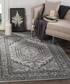 FAS Oriental Vintage Distressed Medallion Silver/Black Soft Area Rug