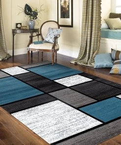 WRG Box Pattern Gray/Grey Blue White Area Rug