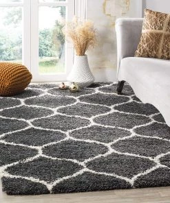 FAS Moroccan Pattern Dark Grey Ivory Plush Shag Area Rug All Area Rugs And Runners