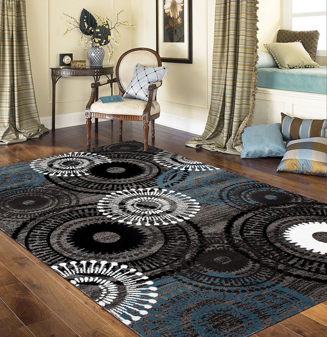 WRG Contemporary Circles Gray/Grey Blue White Black Area Rug 1 WRG Contemporary Circles Gray/Grey Blue White Black Area Rug