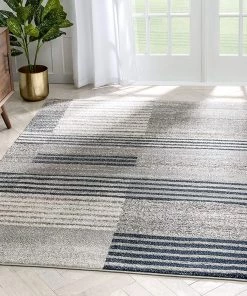 Well Woven All Area Rugs And Runners Beni Grey/Blue Boxes & Stripes Abstract Geometric Area Rug