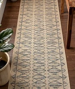Well Woven Sturl Beige & Blue Indoor/Outdoor Flat Weave Pile Nordic Diamond Pattern Area Rug All Area Rugs And Runners