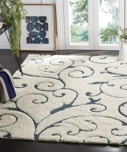 FAS All Area Rugs And Runners Premium Swirl Thick Plush Cream Blue Shag Rug