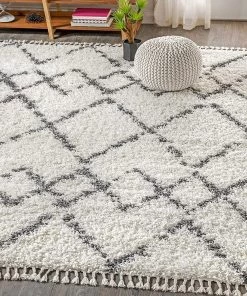 Jonathan Mercer Plush Tassel Moroccan Tribal Geometric Trellis Cream/Grey Shag Area Rug
