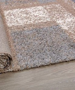 WW Geometric Pattern Blue Taupe Cozy Shag Area Rugs