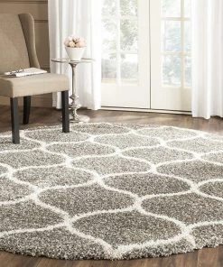 FAS Moroccan Pattern Grey Ivory Plush Shag Area Rug