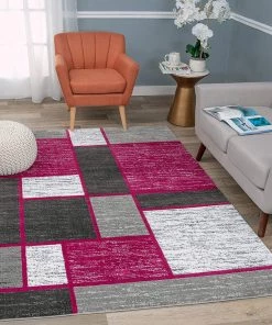WRG Box Pattern Pink Grey White Soft Area Rug