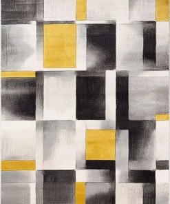 WW Gold Modern Geometric Boxes Squares Pattern Soft Area Rug