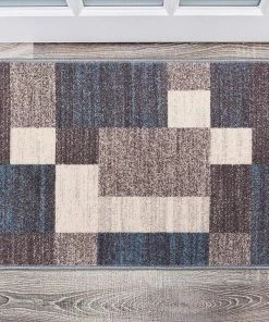 WRG Box Pattern Blue Gray Area Rug Non-Slip Non Skid