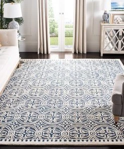 FAS Handcrafted Geometric Navy Blue Ivory Premium Wool Soft Area Rug