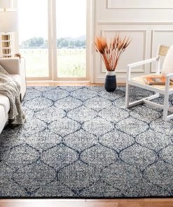 FAS Geometric Trellis Distressed Navy/Silver Soft Area Rug All Area Rugs And Runners