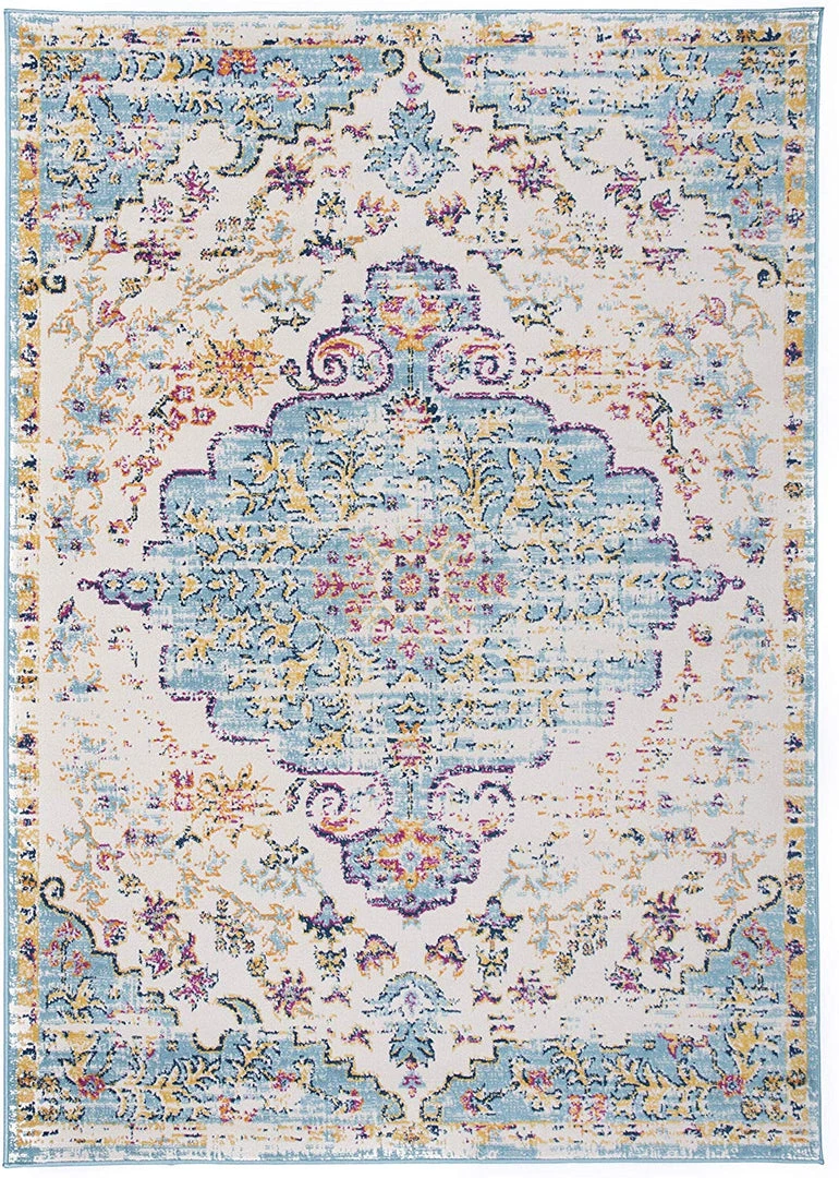 WRG Vintage Medallion Floral Ivory Blue Soft Area Rug 4 WRG Vintage Medallion Floral Ivory Blue Soft Area Rug