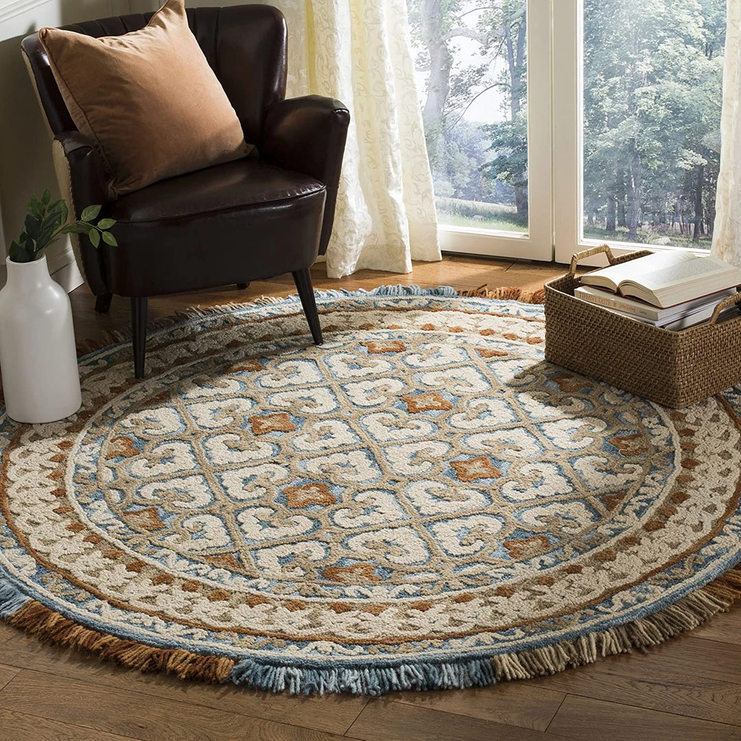 Safavieh All Area Rugs And Runners Blossom Collection BLM420A Handmade Fringe Premium Wool Area Rug, Light Beige / Blue 11 Safavieh All Area Rugs And Runners Blossom Collection BLM420A Handmade Fringe Premium Wool Area Rug, Light Beige / Blue
