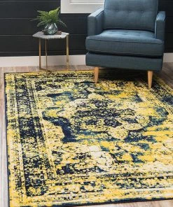 UL All Area Rugs And Runners Vintage Distressed Navy Blue Yellow Area Rugs