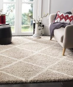 FAS Diamond Trellis Beige/Ivory Soft Plush Shag Area Rug 2-inch Thick All Area Rugs And Runners