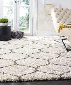 FAS Moroccan Pattern Ivory Grey Plush Shag Area Rug All Area Rugs And Runners