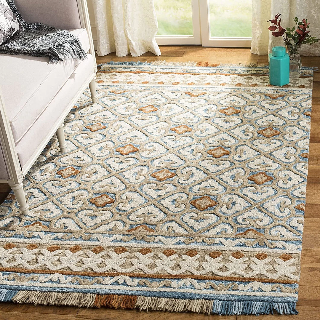 Safavieh All Area Rugs And Runners Blossom Collection BLM420A Handmade Fringe Premium Wool Area Rug, Light Beige / Blue 7 Safavieh All Area Rugs And Runners Blossom Collection BLM420A Handmade Fringe Premium Wool Area Rug, Light Beige / Blue