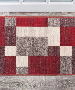 WRG Box Pattern Red Gray Area Rug Non-Slip Non Skid All Area Rugs And Runners