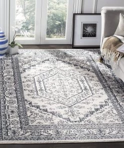 FAS Oriental Vintage Distressed Medallion Ivory/Navy Soft Area Rug