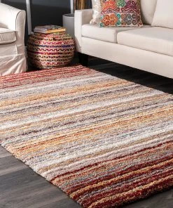 FAS Handmade Striped Multi-Color Plush Shag Area Rugs