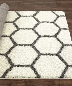 WRG Cozy Geometric Shag Cream Gray Area Rug