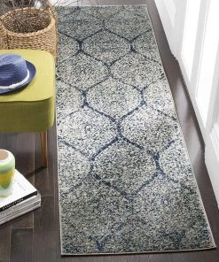 FAS Geometric Trellis Distressed Navy/Silver Soft Area Rug All Area Rugs And Runners