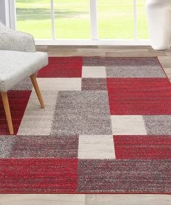 WRG Box Pattern Red Gray Area Rug Non-Slip Non Skid All Area Rugs And Runners