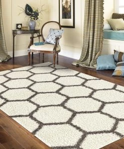 WRG Cozy Geometric Shag Cream Gray Area Rug