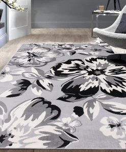 WRG All Area Rugs And Runners Gray/Grey Black White Floral Area Rugs