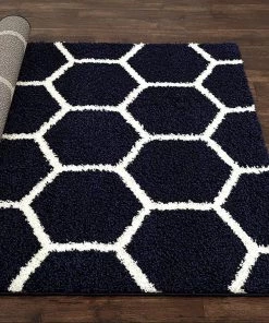 WRG Cozy Geometric Shag Navy Area Rug