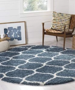 FAS All Area Rugs And Runners Moroccan Pattern Slate Blue Ivory Plush Shag Area Rug